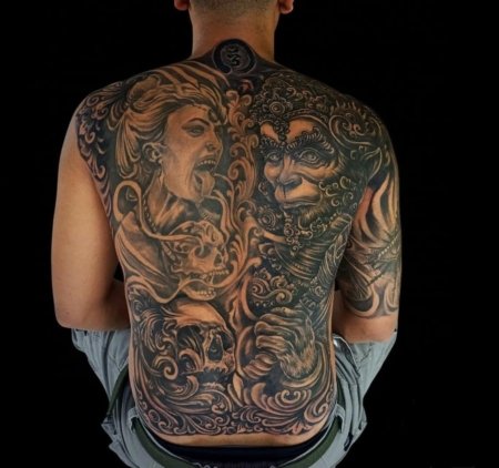 Custom full back tattoo created at OM Tattoo Studio in North Bali, part of the Tattoo Holiday Bali experience