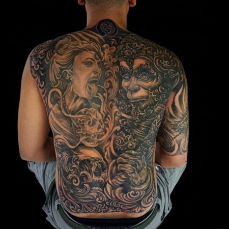 Custom full back tattoo created at OM Tattoo Studio in North Bali, part of the Tattoo Holiday Bali experience