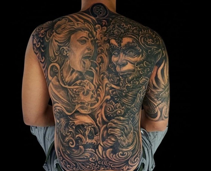 Custom Full Back Tattoo Bali Custom full back tattoo created at OM Tattoo Studio in North Bali, part of the Tattoo Holiday Bali experience