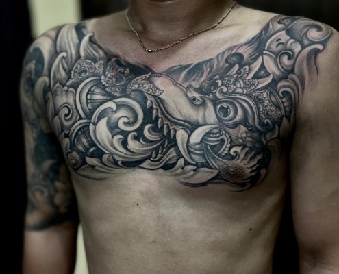 Custom full front torso tattoo created at OM Tattoo Studio in North Bali, part of the Tattoo Holiday Bali experience