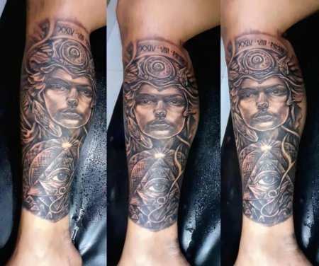 Custom half leg tattoo created at Om Tattoo Studio in North Bali, part of the Tattoo Holiday Bali experience