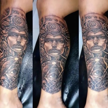 Custom half leg tattoo created at Om Tattoo Studio in North Bali, part of the Tattoo Holiday Bali experience