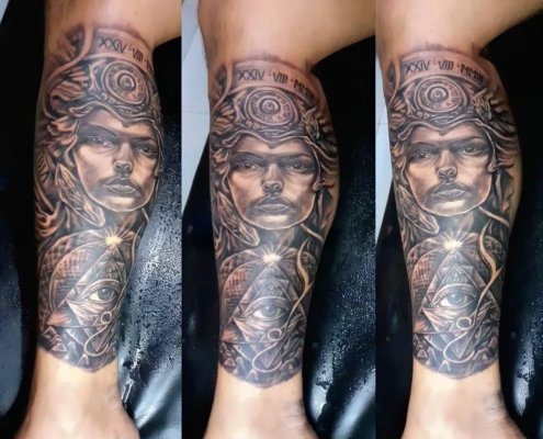 Custom half leg tattoo created at Om Tattoo Studio in North Bali, part of the Tattoo Holiday Bali experience